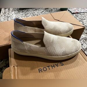 Rothy's Cream Slip-On Shoes with Blue Trim